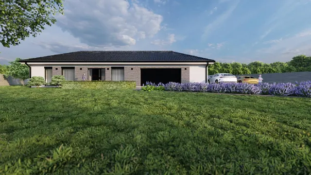 Architektonická vizualizace přízemního rodinného domu s valbovou střechou, kamenným obkladem vstupní fasády, garáží a zahradou