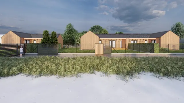 Architektonická vizualizace v galerii Ostatní — pohled na vjezdy mezi bungalovy, dřevěné brány a oplocení pozemků u komunikace