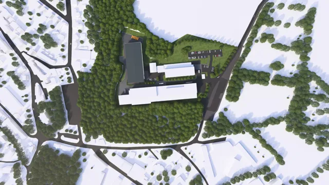 3D vizualizace průmyslových staveb — pohled shora na uspořádání hal, obslužných ploch, parkoviště a okolní zeleně