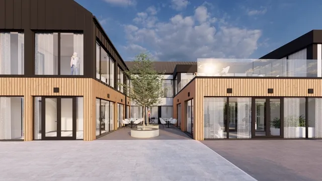 Architektonická vizualizace v galerii Města a obce — nádvoří mezi budovami s dřevěnými fasádami a stromem uprostřed posezení