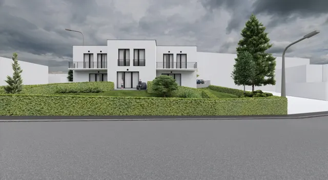 Architektonická vizualizace dvoupodlažního domu s plochou střechou, balkony se zábradlím a zahradou ohraničenou živým plotem