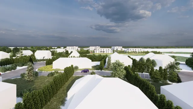 Architektonická vizualizace nových bytových domů v pozadí za stávajícími rodinnými domy a vzrostlou zelení