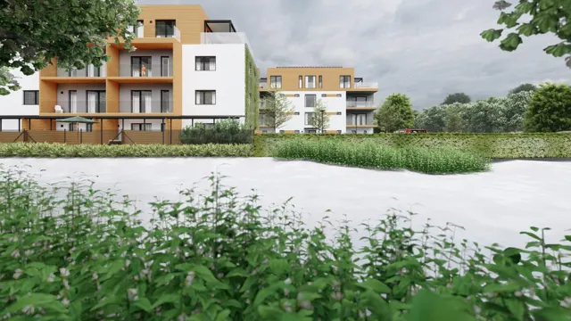 Vizualizace bytových domů s bílou fasádou, dřevěným obkladem, lodžiemi a předzahrádkami