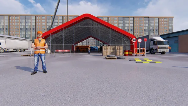 3D vizualizace montované skladovací haly s červeným obvodovým pláštěm a viditelnou ocelovou příhradovou konstrukcí — manipulační plocha s kontejnery, nákladními vozy a vysokozdvižným vozíkem
