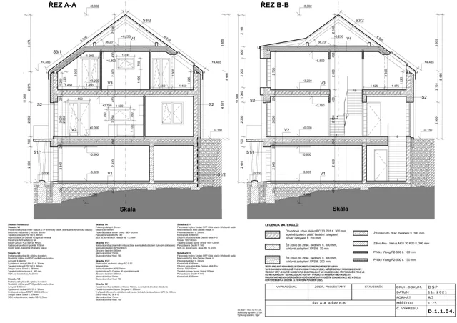 Projektová dokumentace — dva stavební řezy domem se suterénem, podkrovím a skladbami konstrukcí
