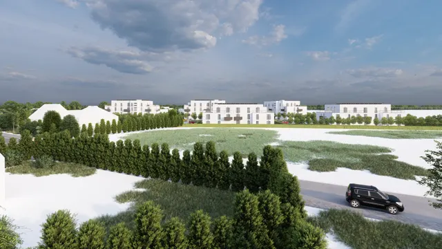 Architektonická vizualizace developerského souboru třípodlažních bytových domů s balkony, ustupujícím podlažím a stromořadím