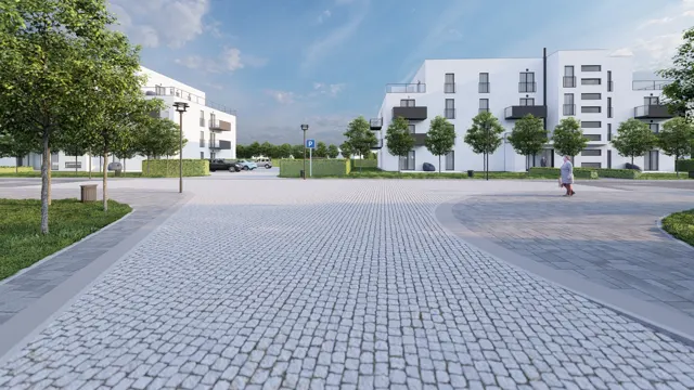 Architektonická vizualizace veřejného prostranství s kamennou dlažbou mezi bytovými domy, stromy, veřejným osvětlením a parkovištěm