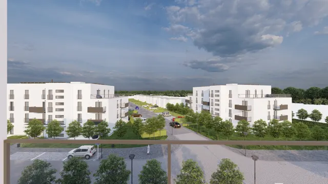 Vizualizace pohledu z balkonu na bytové domy, obslužnou komunikaci, řadové domy a zeleň developerského obytného souboru