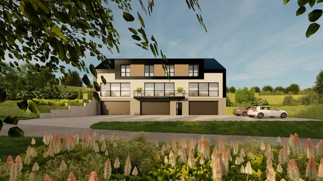 Architektonická vizualizace domu se sedlovou střechou, obytným podkrovím, balkonem a třemi garážovými vraty při pohledu z příjezdové komunikace