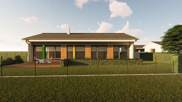 Architektonická vizualizace přízemního domu se sedlovou střechou, dřevěným obkladem, krytou terasou a oplocenou zahradou