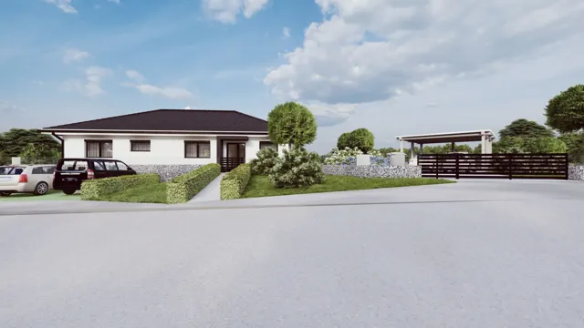 Architektonická vizualizace přízemního rodinného domu s valbovou střechou, gabionovou podezdívkou oplocení, posuvnou bránou a přístřeškem pro auta