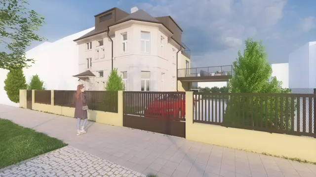 Architektonická vizualizace rekonstrukce městské vily s podkrovní nástavbou, terasou nad vjezdem a novým oplocením do ulice