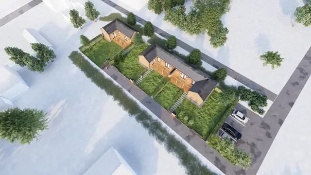 Architektonická vizualizace v galerii Ostatní — letecký pohled na tři domy s dřevěným obkladem, prosklenými terasami a venkovním posezením
