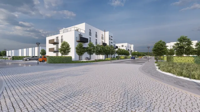 Architektonická vizualizace čtyřpodlažního bytového domu s balkony a střešní terasou na nároží dlážděné ulice se stromořadím a parkováním