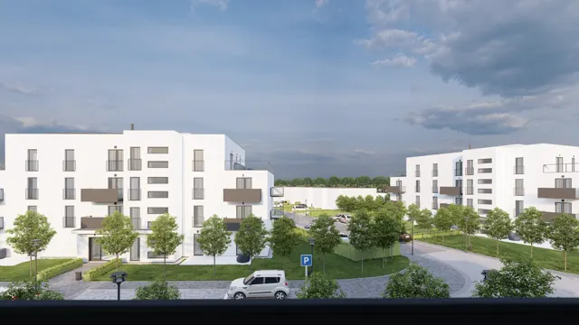 Architektonická vizualizace bytových domů s balkony a terasami kolem zeleného vnitrobloku s komunikací a parkovacími stáními