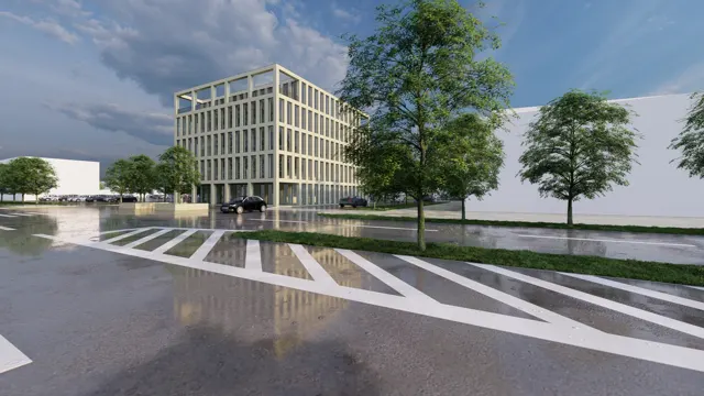 Architektonická vizualizace vícepodlažní budovy s rastrovou fasádou z pohledu od komunikace se stromořadím