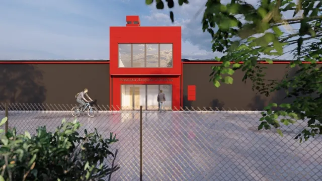 Architektonická vizualizace hasičské zbrojnice Uhříněves — čelní pohled na vstup s dvoupodlažním prosklením