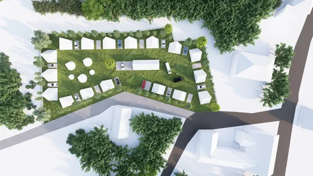 Architektonická vizualizace v galerii Ostatní — kolmý pohled shora na areál s chatkami, stany, parkovacími stáními a zelení