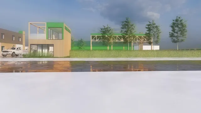 Architektonická vizualizace průmyslového areálu — provozní budova s dřevěným obkladem, prosklenou nástavbou a dřevěnou příhradovou konstrukcí přístřešku