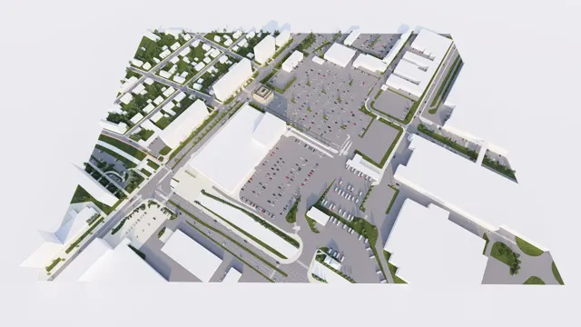 Axonometrický pohled na 3D model území s obchodní zónou, administrativní budovou, parkovišti a okolní zástavbou