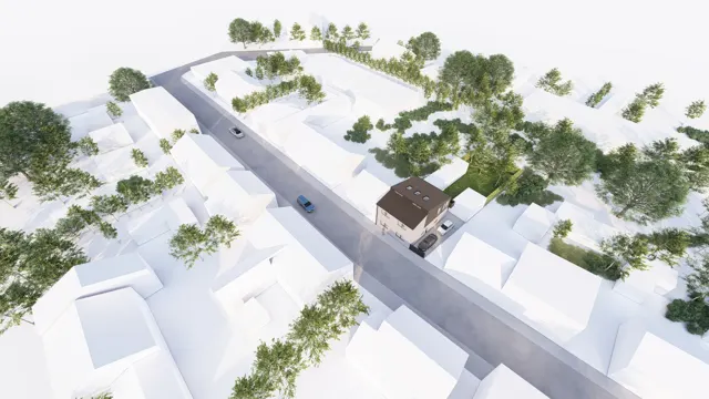Letecký pohled na vizualizaci rodinného domu s podkrovní nástavbou zasazeného do hmotového modelu okolní uliční zástavby