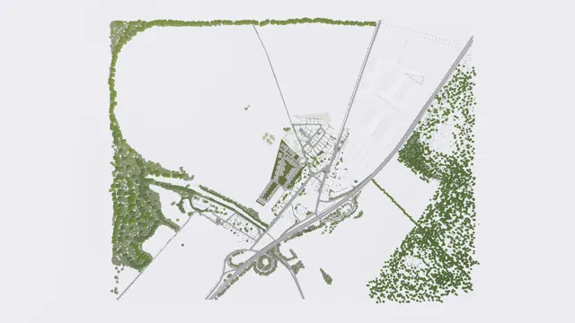 Situační vizualizace developerského projektu bytových a řadových domů v širších územních vztazích s dopravní infrastrukturou, průmyslovým areálem a lesními porosty