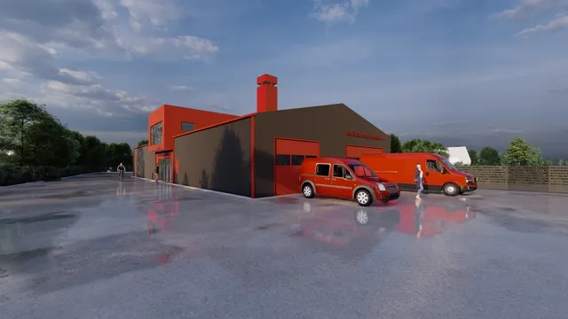 Architektonická vizualizace hasičské zbrojnice Uhříněves — nárožní pohled na halu s garážovými vraty a hasičskými vozy