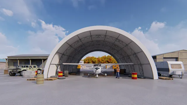 3D vizualizace obloukové haly s ocelovou příhradovou konstrukcí — skladovací a hangárový objekt se zpevněnou plochou