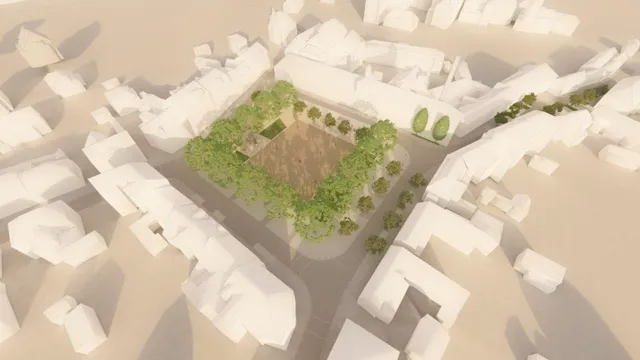 Urbanistická studie v galerii Města a obce — letecký pohled na náměstí se stromořadím mezi hmotovým modelem okolní zástavby