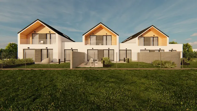 Architektonická vizualizace tří řadových domů se sedlovými střechami, dřevěným obkladem štítů, lodžiemi a soukromými terasami