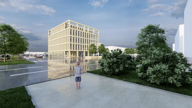 Architektonická vizualizace vícepodlažní budovy s rastrovou fasádou a střešní terasou u parkoviště a zeleně