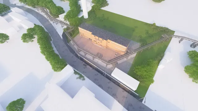 3D vizualizace průmyslové stavby — letecký pohled na cihlový provozní objekt, ocelový potrubní most, zpevněný dvůr a zeleň