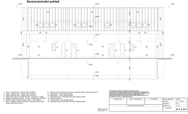 Projektová dokumentace — severovýchodní pohled s vchody a střešními okny