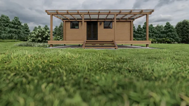 Architektonická vizualizace v galerii Ostatní — přízemní dřevěný objekt s krytou pergolou, terasou a schodištěm v zeleni