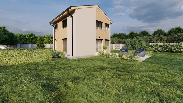 Architektonická vizualizace dvoupodlažního rodinného domu se sedlovou střechou, kombinací omítky a dřevěného obkladu a terasou v zahradě