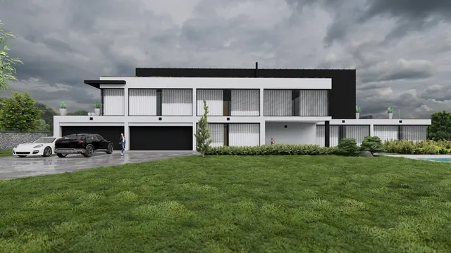 Architektonická vizualizace dvoupodlažního rodinného domu s plochou střechou, velkými prosklenými plochami, garážemi a zahradou
