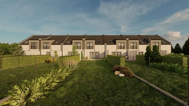 Architektonická vizualizace řadových rodinných domů se sedlovými střechami, střešními okny a oplocenými předzahrádkami se živými ploty