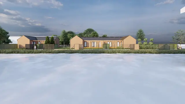 Architektonická vizualizace v galerii Ostatní — uliční pohled na přízemní bungalovy s dřevěným obkladem, oplocením a předzahrádkami