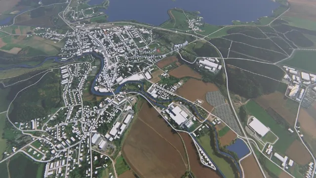 3D model území v galerii Města a obce — letecký pohled na zástavbu, řeku, vodní nádrž a okolní krajinu