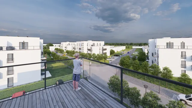 Vizualizace pohledu ze střešní terasy bytového domu na ulici se stromořadím, parkování a bytové domy developerského obytného souboru