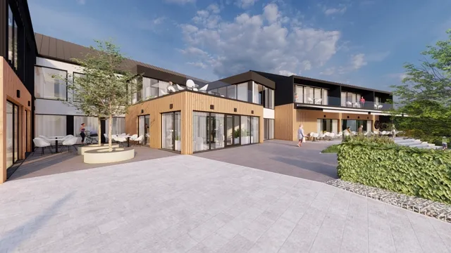 Architektonická vizualizace v galerii Města a obce — budovy s prosklenými terasami, venkovním posezením a zelení
