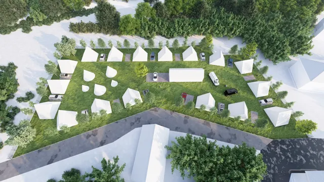 Architektonická vizualizace v galerii Ostatní — šikmý ptačí pohled na rekreační areál s chatkami, stany a parkováním u komunikace