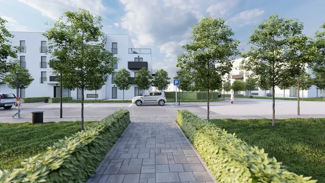 Architektonická vizualizace pěšího chodníku lemovaného živými ploty, ulice se stromořadím a bytových domů s balkony