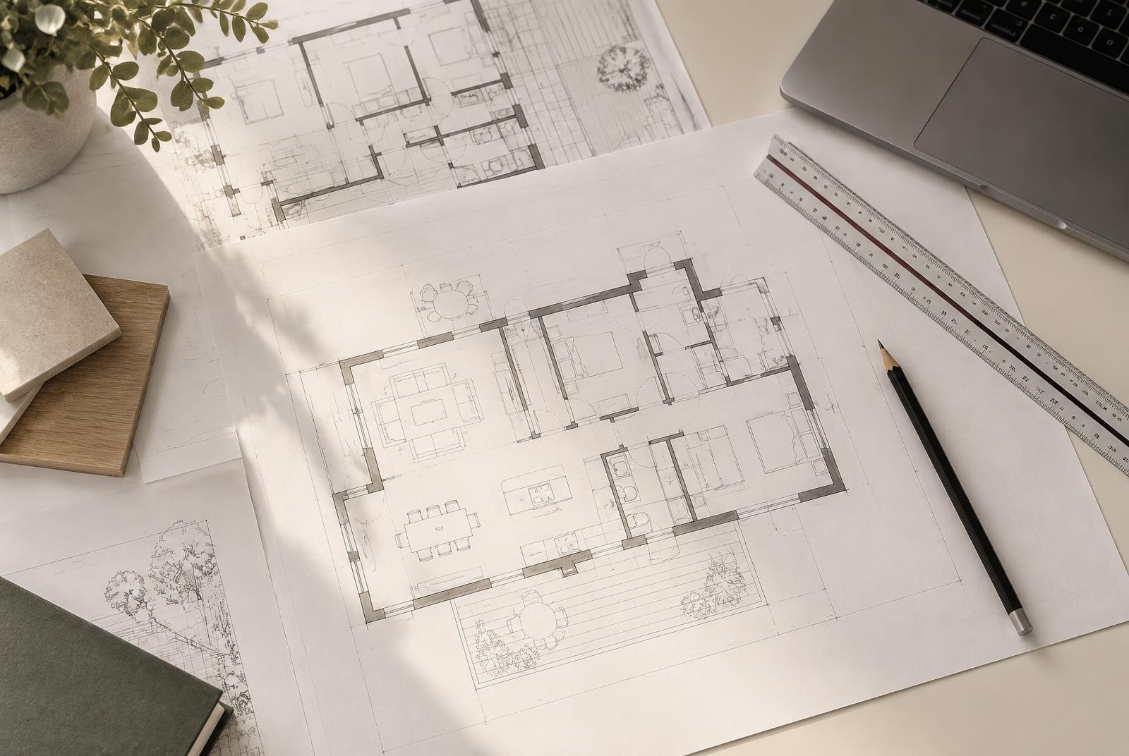 Ruční půdorysy rodinného domu na pracovním stole architekta